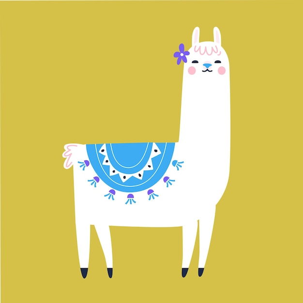 Llama cartoon character. Traditional tassel and flower decoration. Cute lama illustration.