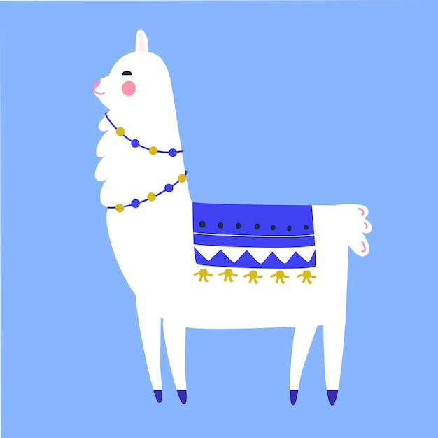 Llama cartoon character. Traditional tassel and garland decoration. Cute lama illustration.