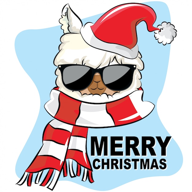 Llama merry christmas with sunglasses hat and scarf