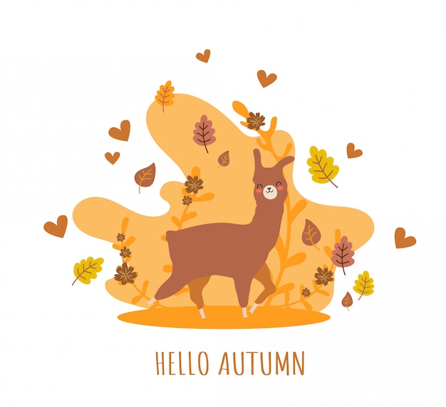 Llama with hearts and many details. Funny alpaca. Hello autumn.