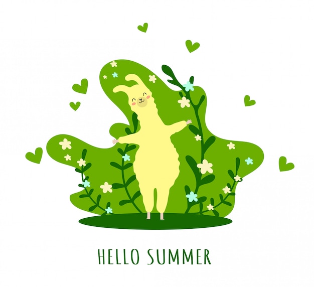 Llama with hearts and many details. Funny alpaca. Hello summer.