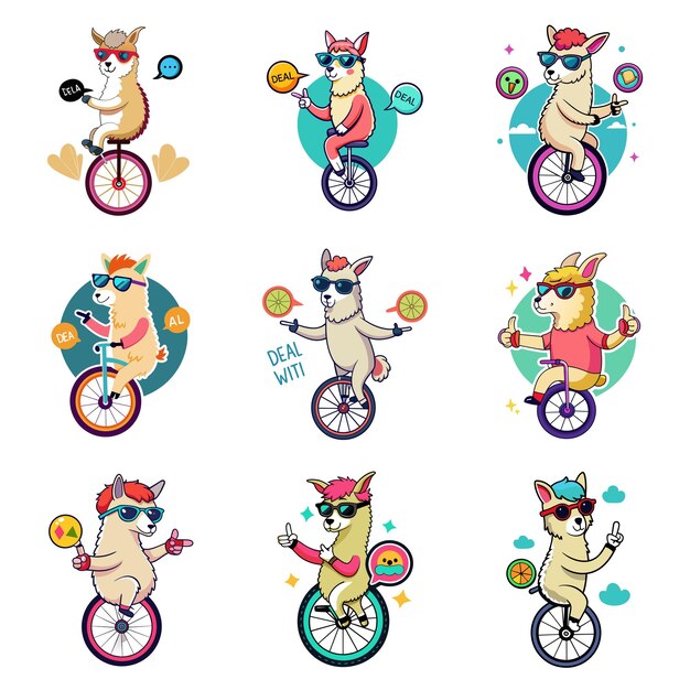 Vector llamacool unicycling sunglass llama sticker deal with it attitude for your tshirt