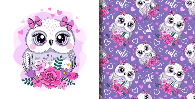 Llittle cute owl and flowers. Seamless pattern. Greeting Birthday Card or children's clothing