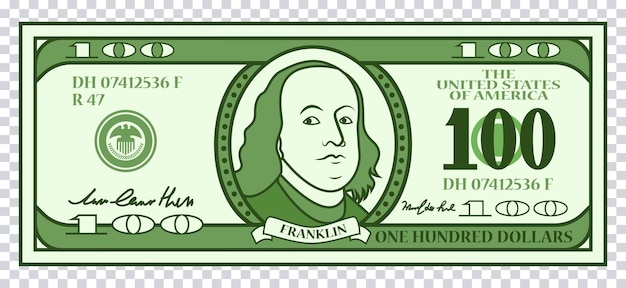 Vector llustration of 100 dollars banknote with franklin on transparent background vector