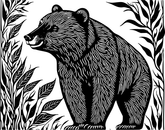 Vector llustration of bear standing on the ground in style of linocut engraving woodcut black and white