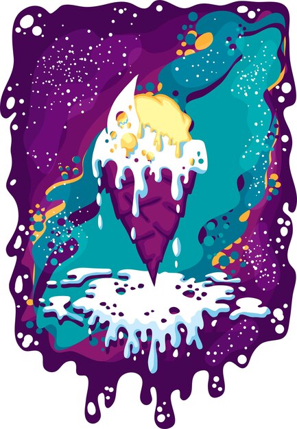 llustration of melted moon ice cream with yellow filling on a turquoise purple starry background