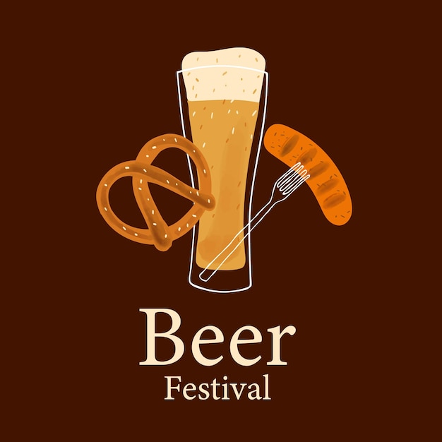 llustration mug of beer with traditional snack pretzel and sausage on dark brown background