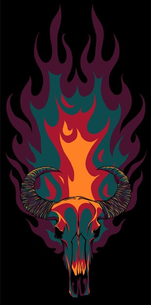 Vector llustration of ox skull with flames