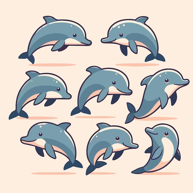 llustration set of dolphins in a simple flat cartoon style