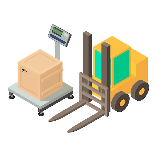 Load operation icon isometric vector Electro floor scale and warehouse forklift Warehousing equipment