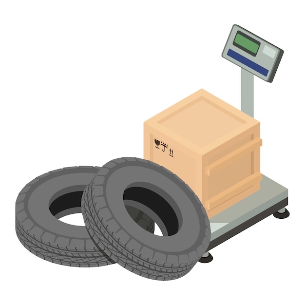 Vector load operation icon isometric vector modern electro floor scale and car tire warehousing equipment