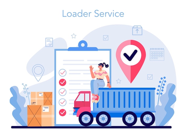 Vector loader service. stevedore in uniform carrying a cargo. delivery man holding box. idea of transportation and distribution. flat vector illustration