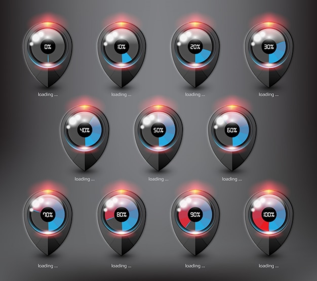 Loading spinners or progress loading bars in different loading state and percentage. Isolated on the black surface.