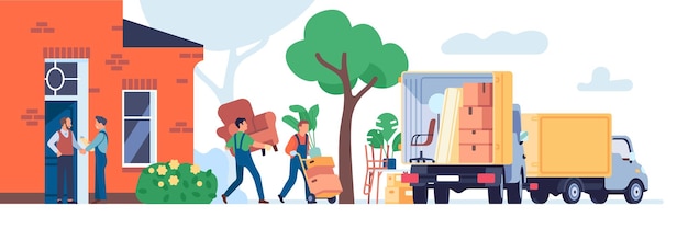 Loading and transportation service. People relocation. Movers take out furniture from home. Trucks with household goods. Workers carry cardboard boxes stacks to lorry. Family moving. Vector concept