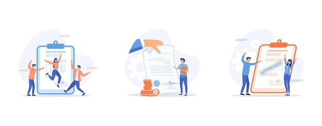 Vector loan approved concept happy business people with loan approved form get loan from bank set flat vector modern illustration