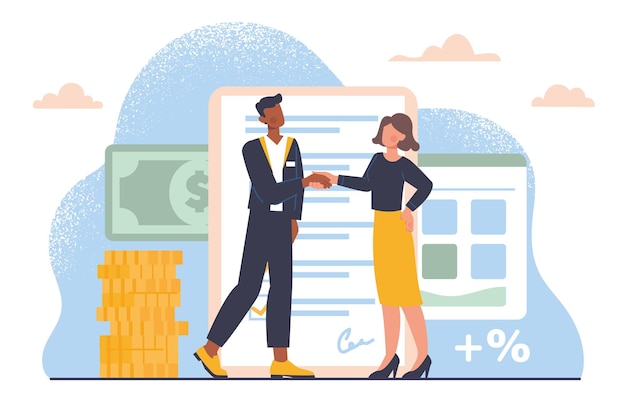 Vector loan manager with client concept man and woman shake hands against background of document and contract rent and financial transactions credit and mortgage cartoon flat vector illustration