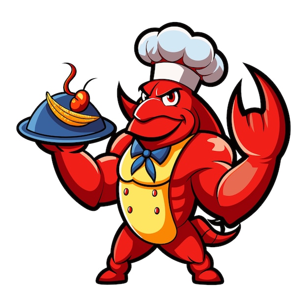 Vector lobster chef serves a food in platter cartoon vector