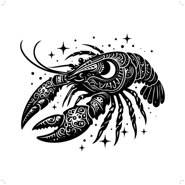 lobster crayfish silhouette in bohemian boho nature illustration