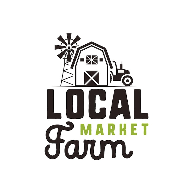 Local farm market logo design and label template. Included farmer symbols - tractor, barn, windmill. Black and green colors. Isolated on white background. Vector emblem.