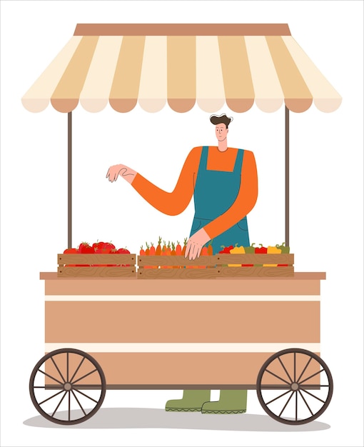 A local farmer sells vegetables in a tent organic food farm market modern flat vector illustration i...