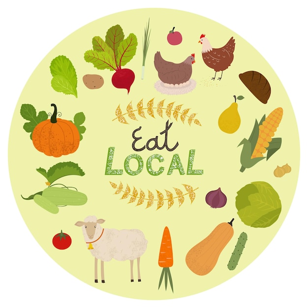 Local organic production icons set. Farm animals, fruits and vegetables isolated illustration.