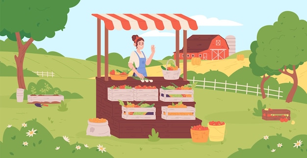 Local seller Greengrocer localization market smiling saleswoman selling fresh natural vegetables farmer veggie organic food shopkeeper on farmland background vector illustration