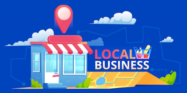 A Local seo banner, A Map and a shop in a realistic view.  flat illustration