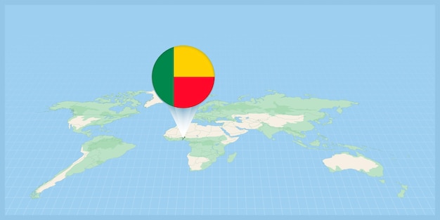 Location of Benin on the world map marked with Benin flag pin