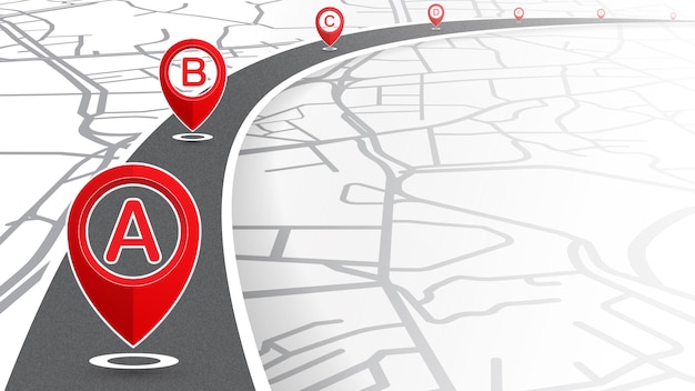 Location A to G icon red color on line curve with street map background