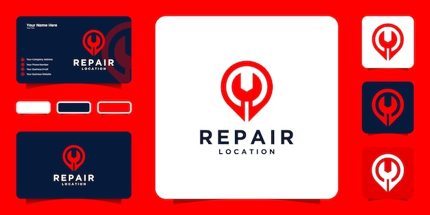 Location icon with negative space repair equipment logo and business card design