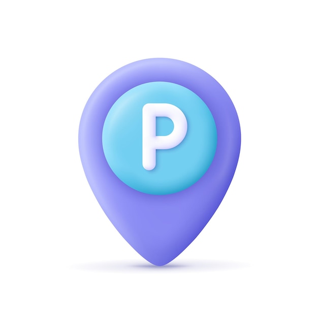 Location mark destination pointer with letter P parking sign 3d vector icon Cartoon minimal style