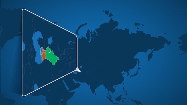 Location of Turkmenistan on the World Map with Enlarged Map of Turkmenistan with Flag