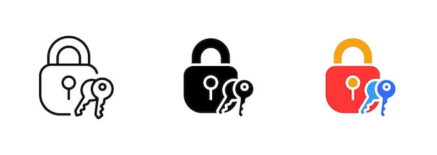 A lock icon with two keys often used to represent security privacy and access control Vector set of icons in line black and colorful styles isolated