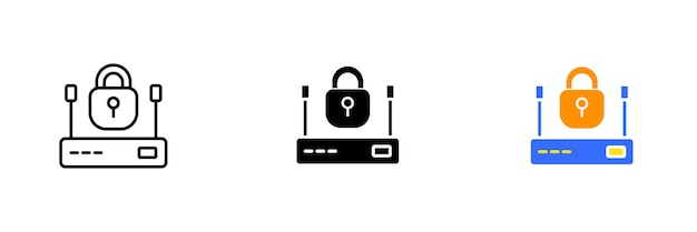 Lock and router Secure internet network wifi lan privacy data security communication signal antennas Vector set icon in line black and colorful styles isolated on white background