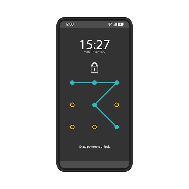 Lock screen smartphone interface vector template Pattern password Mobile lock combination App page black design layout Passcode Flat UI for application Unlock phone display