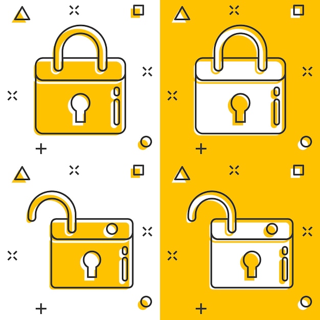 Locker icon in comic style Padlock password cartoon vector illustration on white isolated background Key unlock splash effect business concept