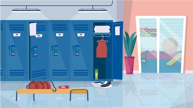 Locker room at gym interior concept in flat cartoon design room with cupboards for storing sportswea...