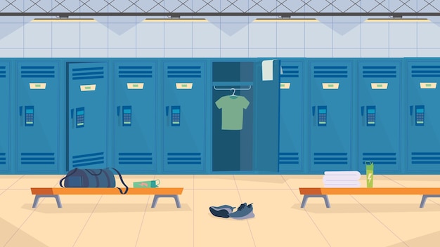 Locker room interior, banner in flat cartoon design. Sports center row of lockers for storing clothes, benches, uniforms. Healthy lifestyle, fitness concept. Vector illustration of web background