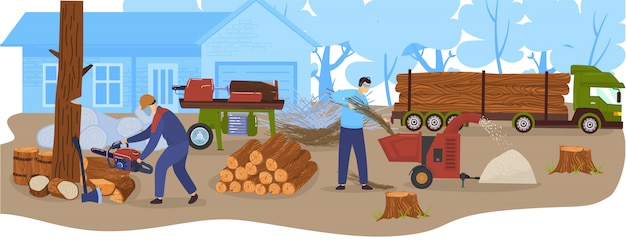 Vector logging wood industry, timbers, lumber truck with loggs  illustration. wood production and forestry.