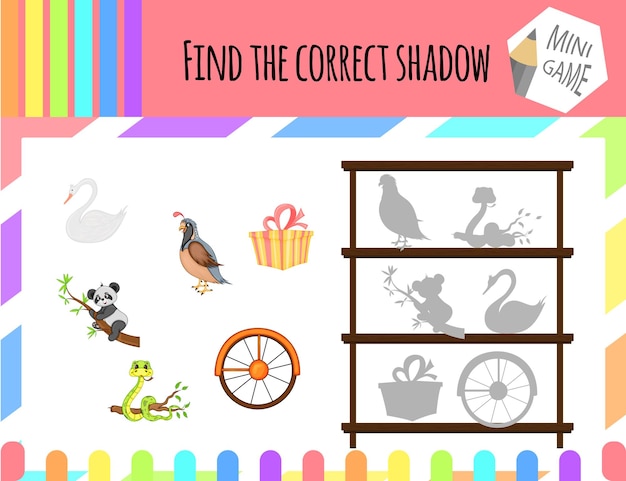 Logical game for children to find the shadow of an object Cartoon style Vector illustration