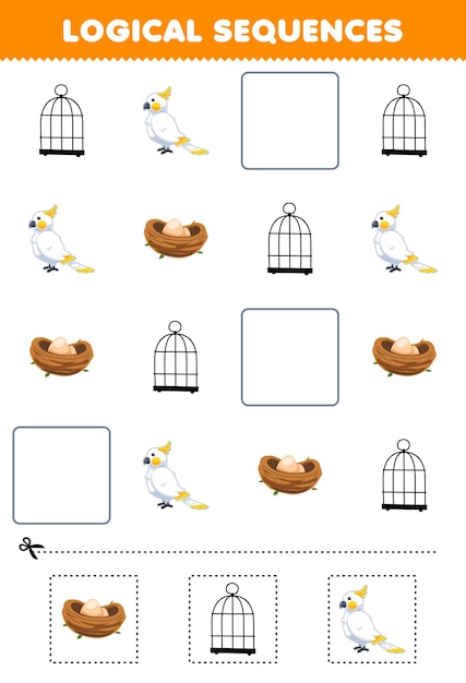 Logical sequences for kids with cute cartoon bird and stuff printable pet worksheet