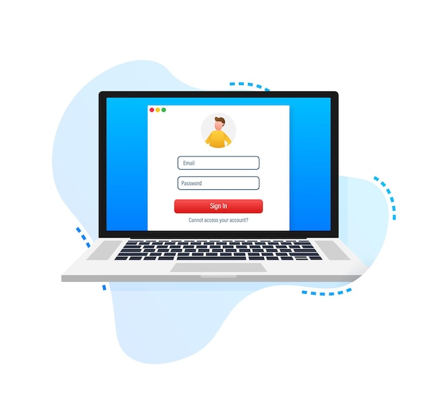 Login page on laptop screen. Notebook and online login form, sign in page. User profile, access to account concepts. Vector illustration.