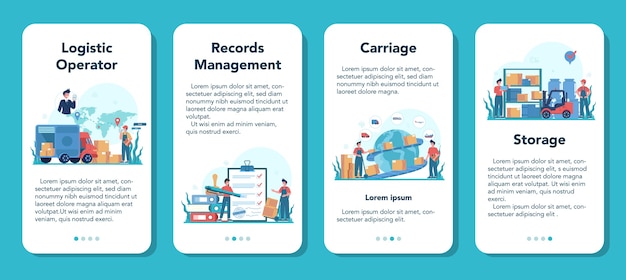 Logistic and delivery service mobile application banner set. Idea of transportation and distribution. Loader in uniform delivering a cargo. Transportation service concept.   
