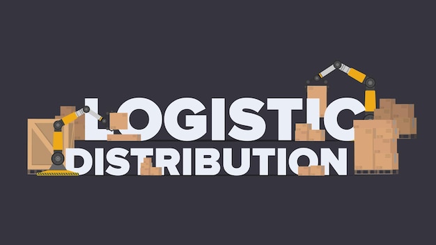 Logistic distribution banner. Lettering on an industrial theme. Carton boxes. Freight and delivery concept. Vector.