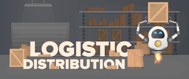 Logistic distribution. The flying robot picks up the box. Large warehouse with pallets, wooden and cardboard boxes. Vector