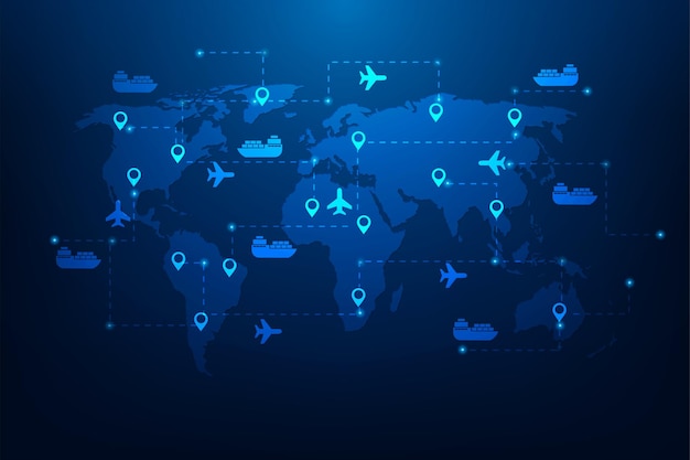 Vector logistic transport worldwide global connection on map blue background delivery and shipping world