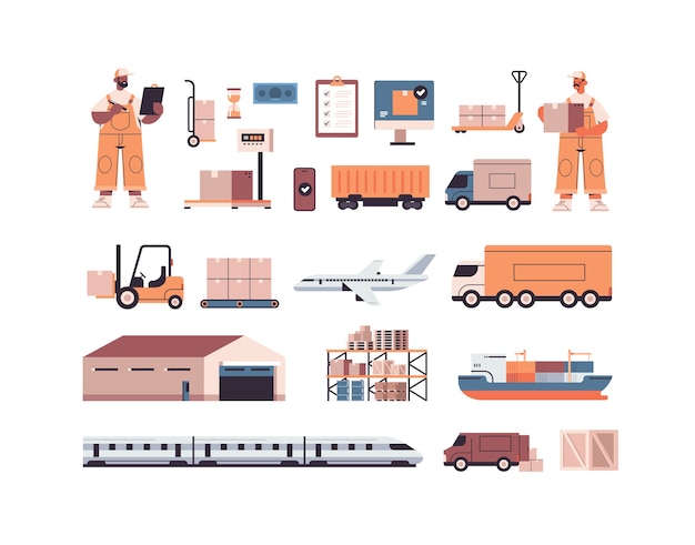 logistic transportation cargo symbols set of different transport and mix race deliverymen in uniform express delivery service concept  isolated