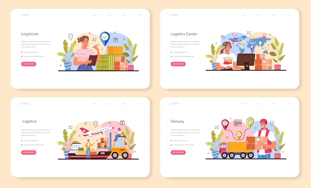 Logistic web banner or landing page set. Idea of transportation and distribution. Loader in uniform delivering a cargo. Transportation and delivery service concept. Isolated flat illustration