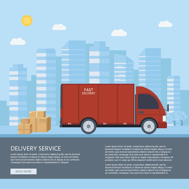 Logistics and delivery service concept truck lorry van with store shop and city background Postal service creative banner design Vector flat illustration