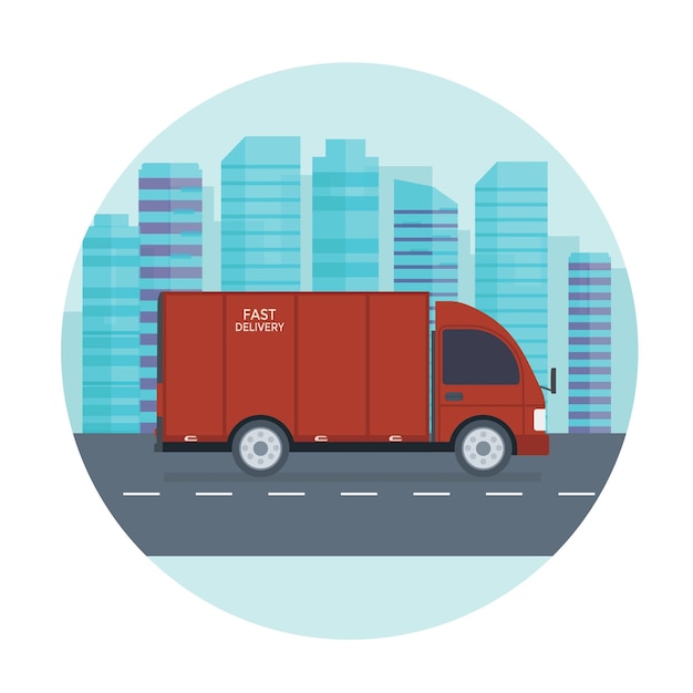 Logistics and delivery service concept truck lorry van with store shop and city background Postal service creative banner design Vector flat illustration